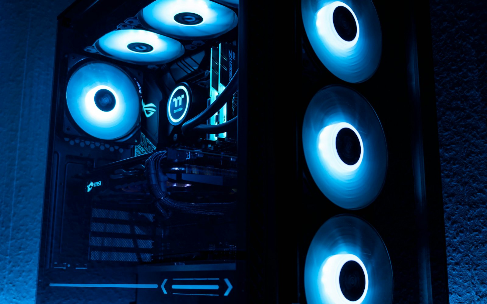 Custom gaming PC with blue-lit fans